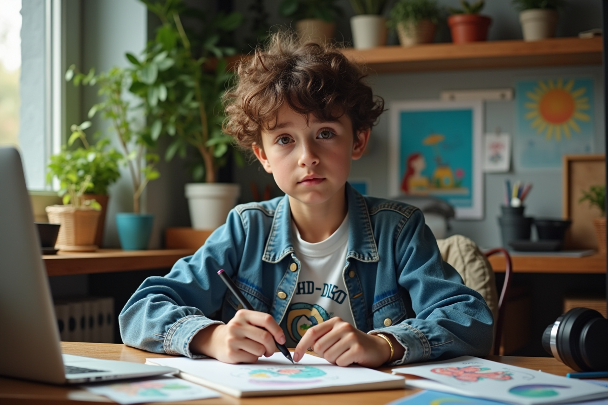 Jeune fille dessinant dans sa chambre cosy avec plantes et posters