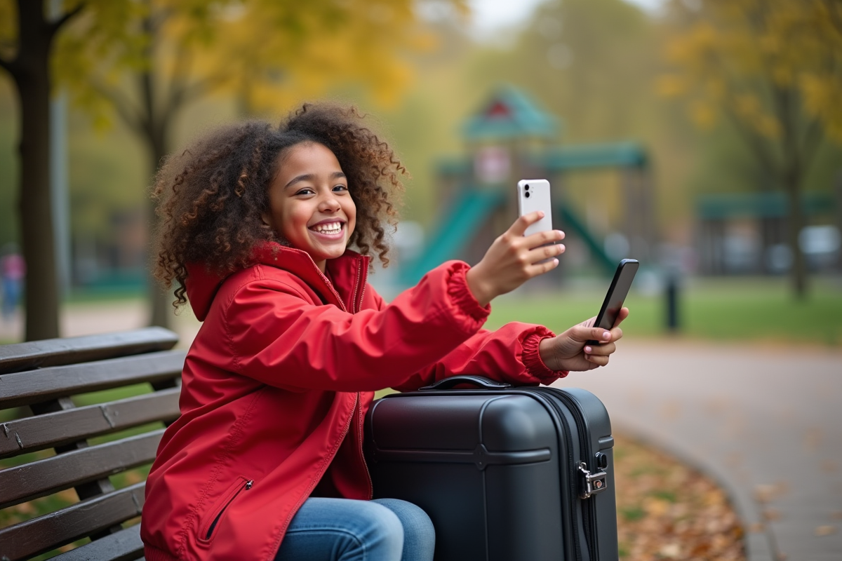 Fille de 13 ans prenant un selfie dans un parc