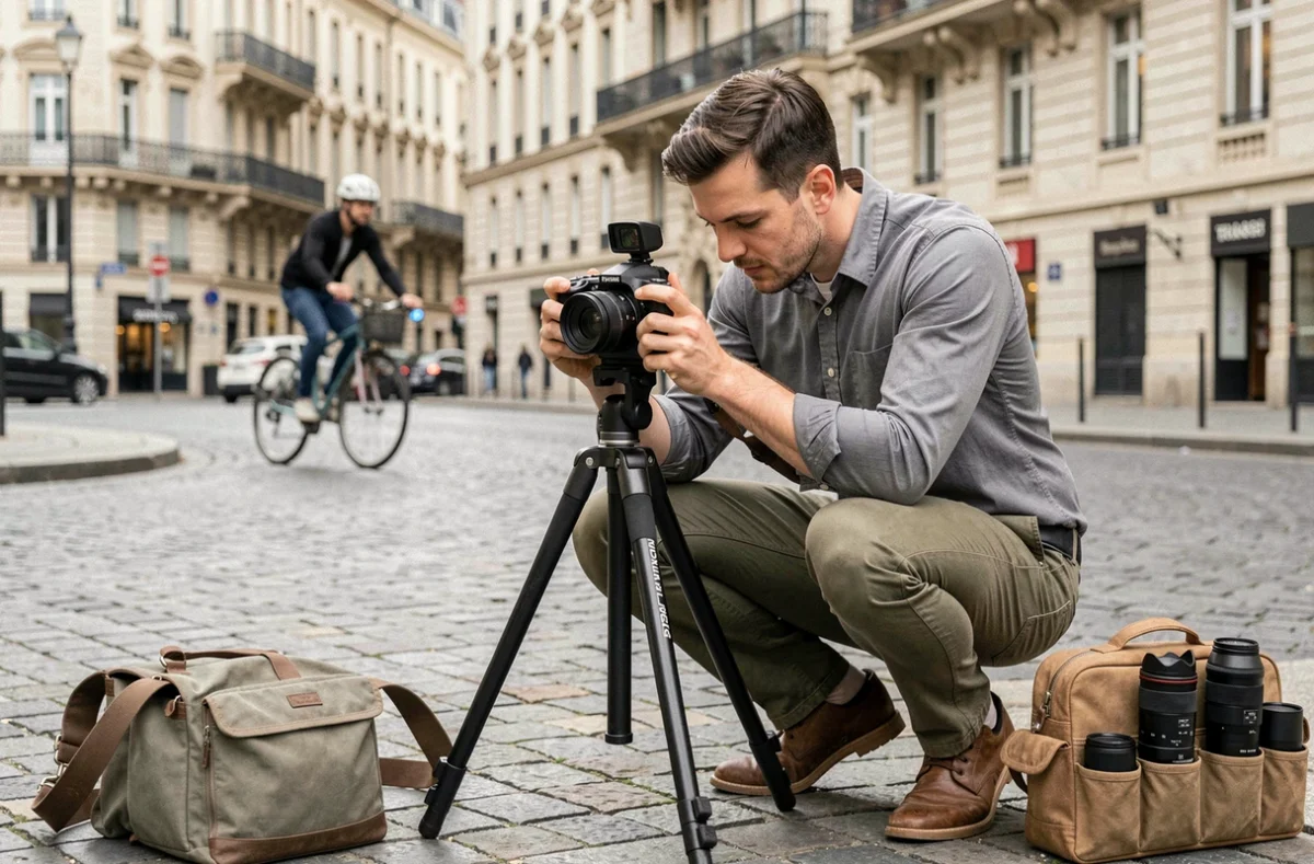 Florian Fattier, vidéaste freelance polyvalent, réglant sa caméra dans une rue de Lyon en conditions réelles