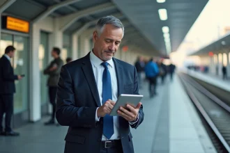 Homme en costume sur plateforme de tram moderne