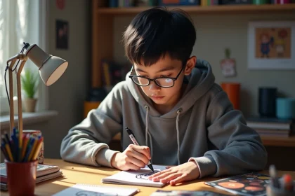 Jeune gar&ccedil;on dessinant le symbole de Gaara sur sa main