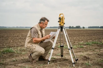 Géomètre mesurant une parcelle agricole de 10 hectares en campagne française avec un trépied d'arpentage et une carte de conversion