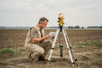Géomètre mesurant une parcelle agricole de 10 hectares en campagne française avec un trépied d'arpentage et une carte de conversion