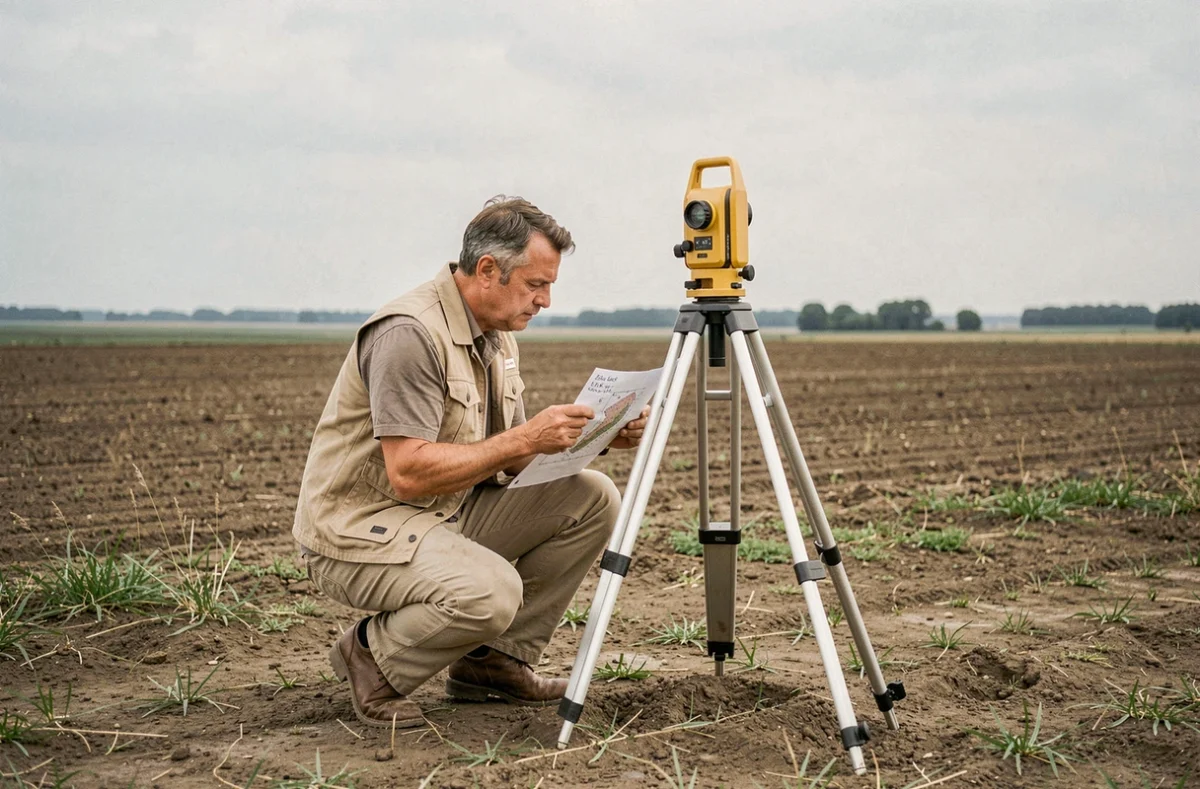 Géomètre mesurant une parcelle agricole de 10 hectares en campagne française avec un trépied d'arpentage et une carte de conversion