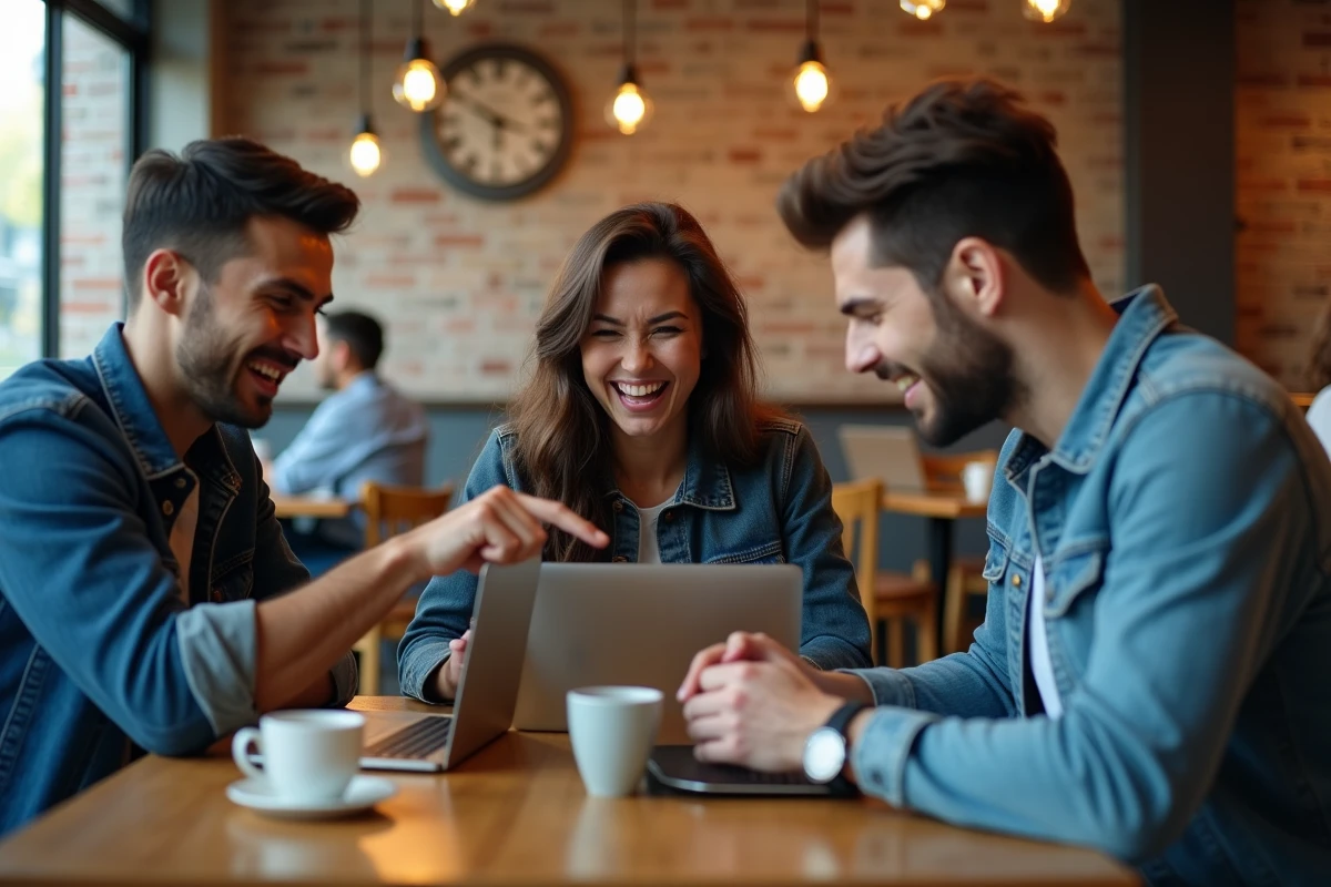 Groupe de jeunes adultes réagissant avec amusement à un terme viral en ligne dans un café urbain