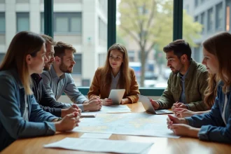 Groupe de jeunes autour d une table avec cartes et livres