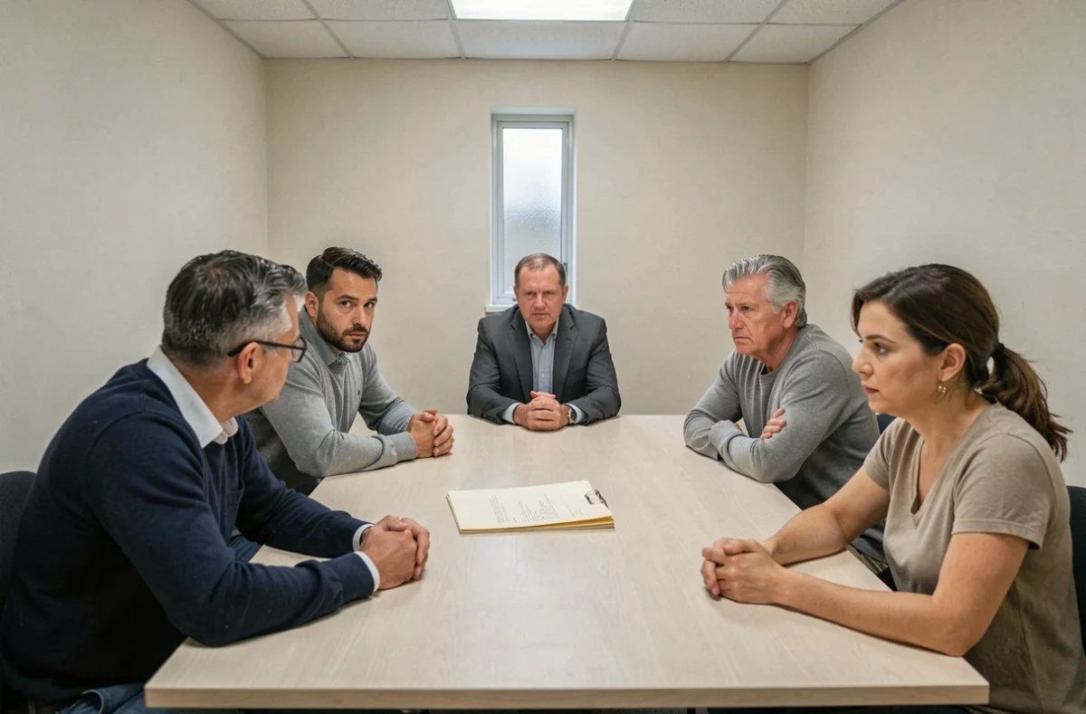 Groupe de jurés en pleine délibération autour d'une table, expressions divisées et langage corporel tendu dans une salle de jury réaliste