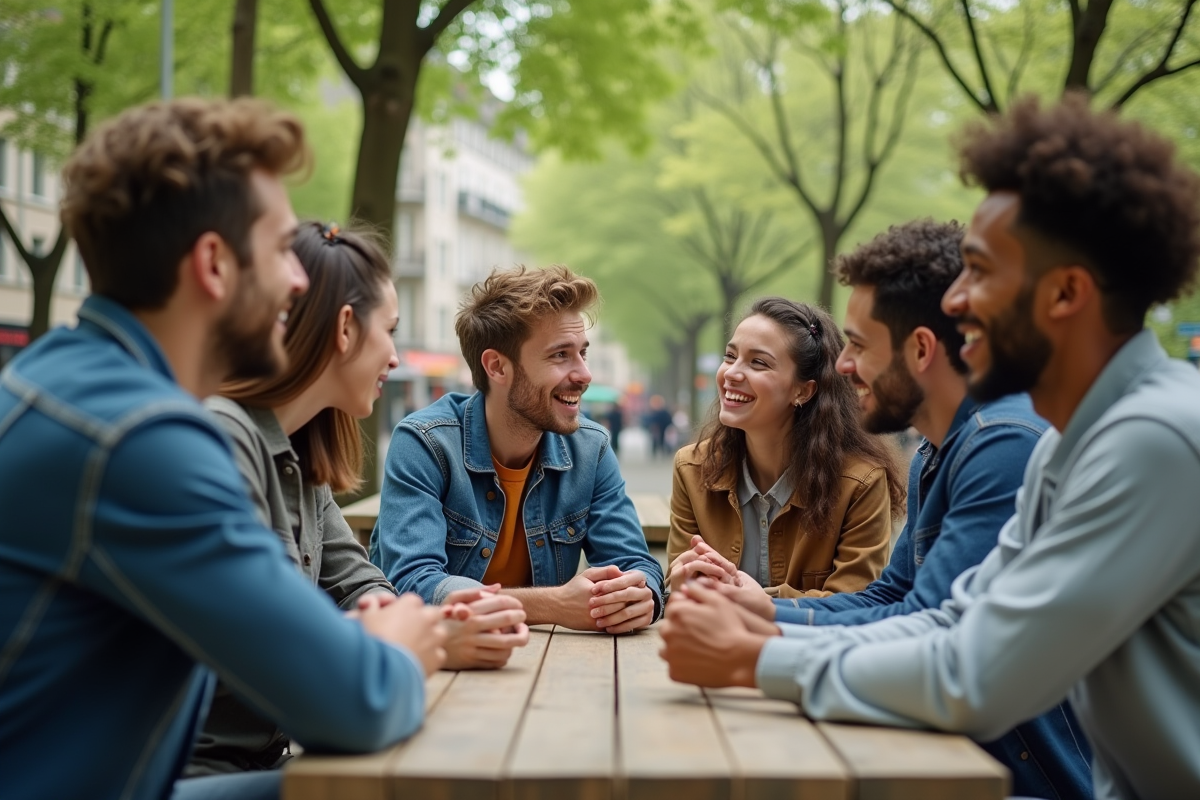 Jeunes discutant dans un parc urbain animé