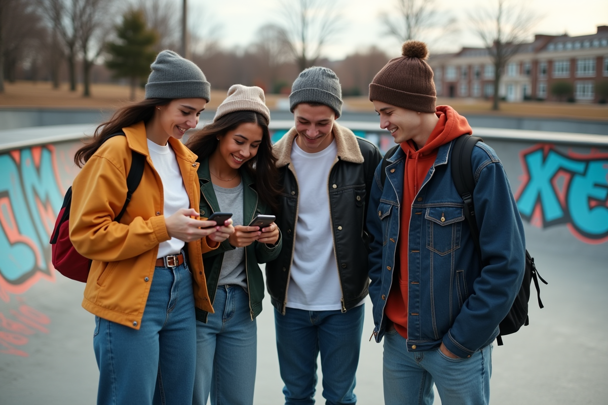 Jeunes adultes dans un skatepark urbain dynamique