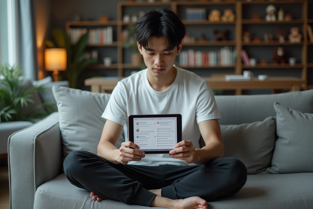 Jeune homme consultant un guide d'épisodes Fairy Tail sur une tablette depuis son canapé