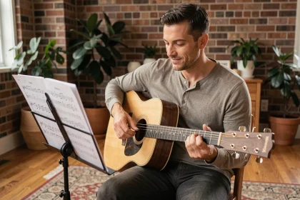 Guitariste fingerstyle adulte lisant une partition gratuite sur pupitre dans un home studio chaleureux avec guitare acoustique