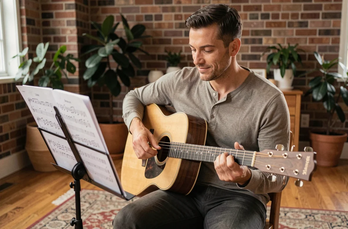 Guitariste fingerstyle adulte lisant une partition gratuite sur pupitre dans un home studio chaleureux avec guitare acoustique