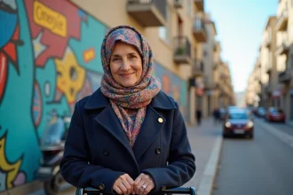 Femme habitante des quartiers nords de Marseille devant une fresque murale colorée sur un immeuble rénové