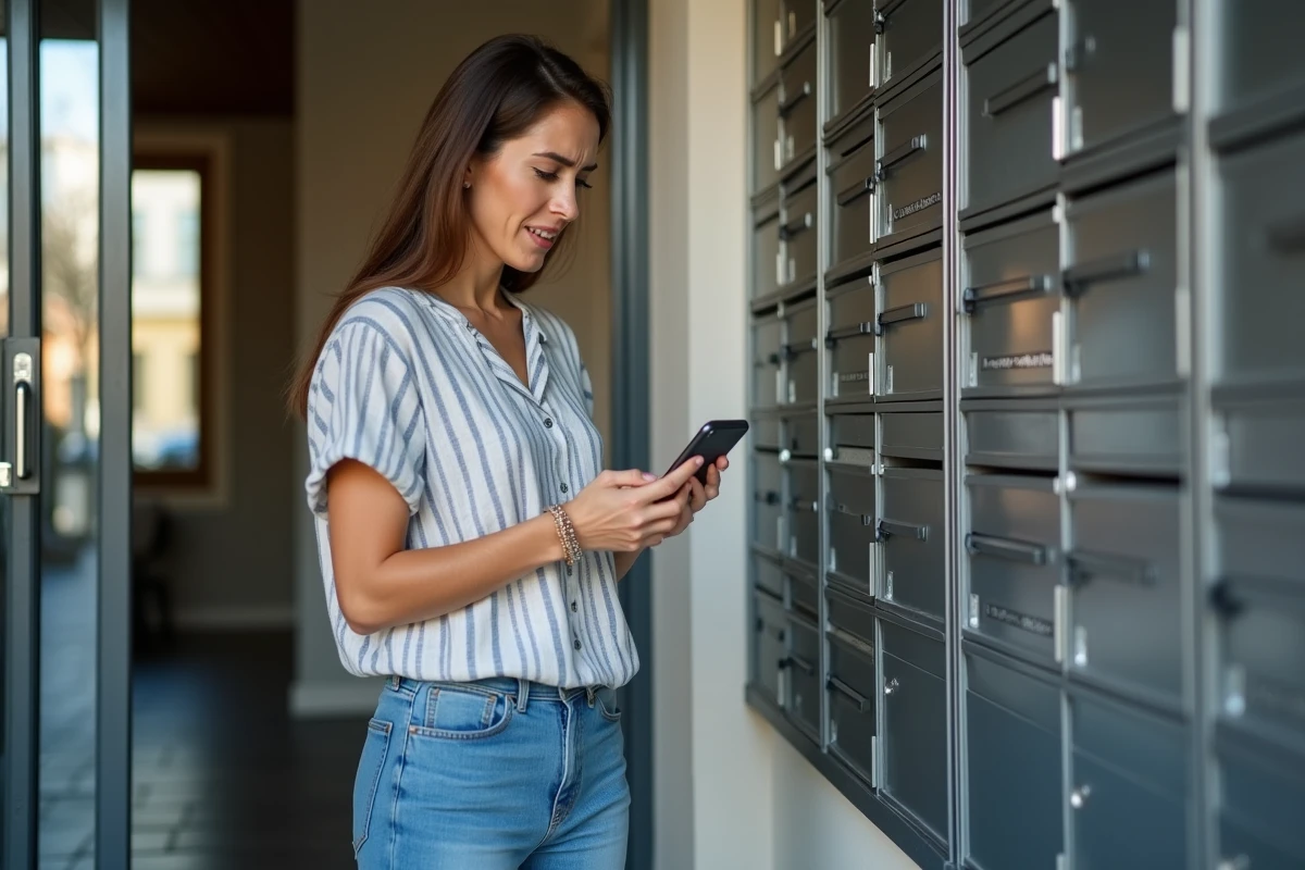 Femme vérifiant l'heure de livraison du courrier sur son téléphone devant les boîtes aux lettres d'un immeuble résidentiel français