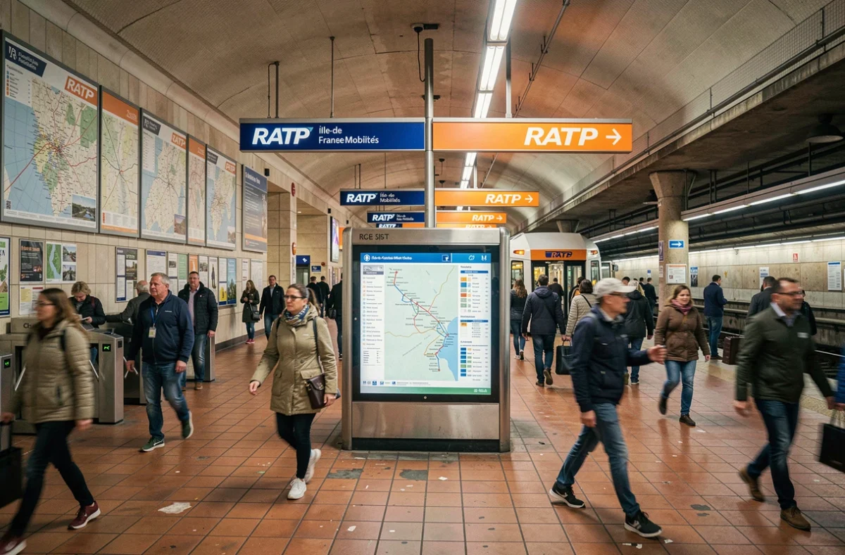 Hall de correspondance d'une gare RER en Île-de-France avec signalétique et carte des zones de transport
