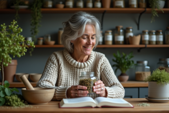 Femme moyenne âge examine des herbes sèches dans une cuisine chaleureuse