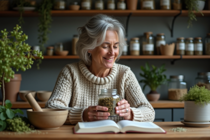 Femme moyenne âge examine des herbes sèches dans une cuisine chaleureuse