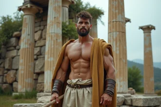 Homme musclé en costume d'Hercule avec peau de lion et massue devant des colonnes grecques antiques en marbre