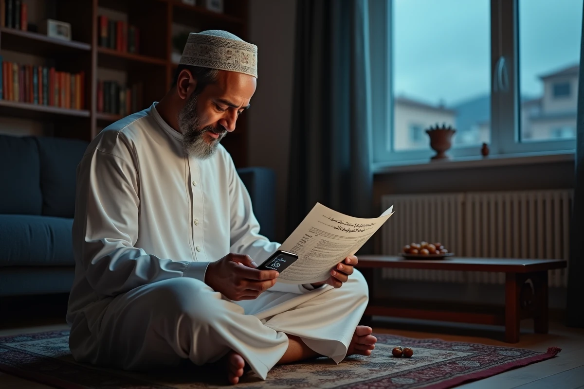 Homme consultant un calendrier de prière du Ramadan à Grenoble avant l'aube pour commencer le jeûne