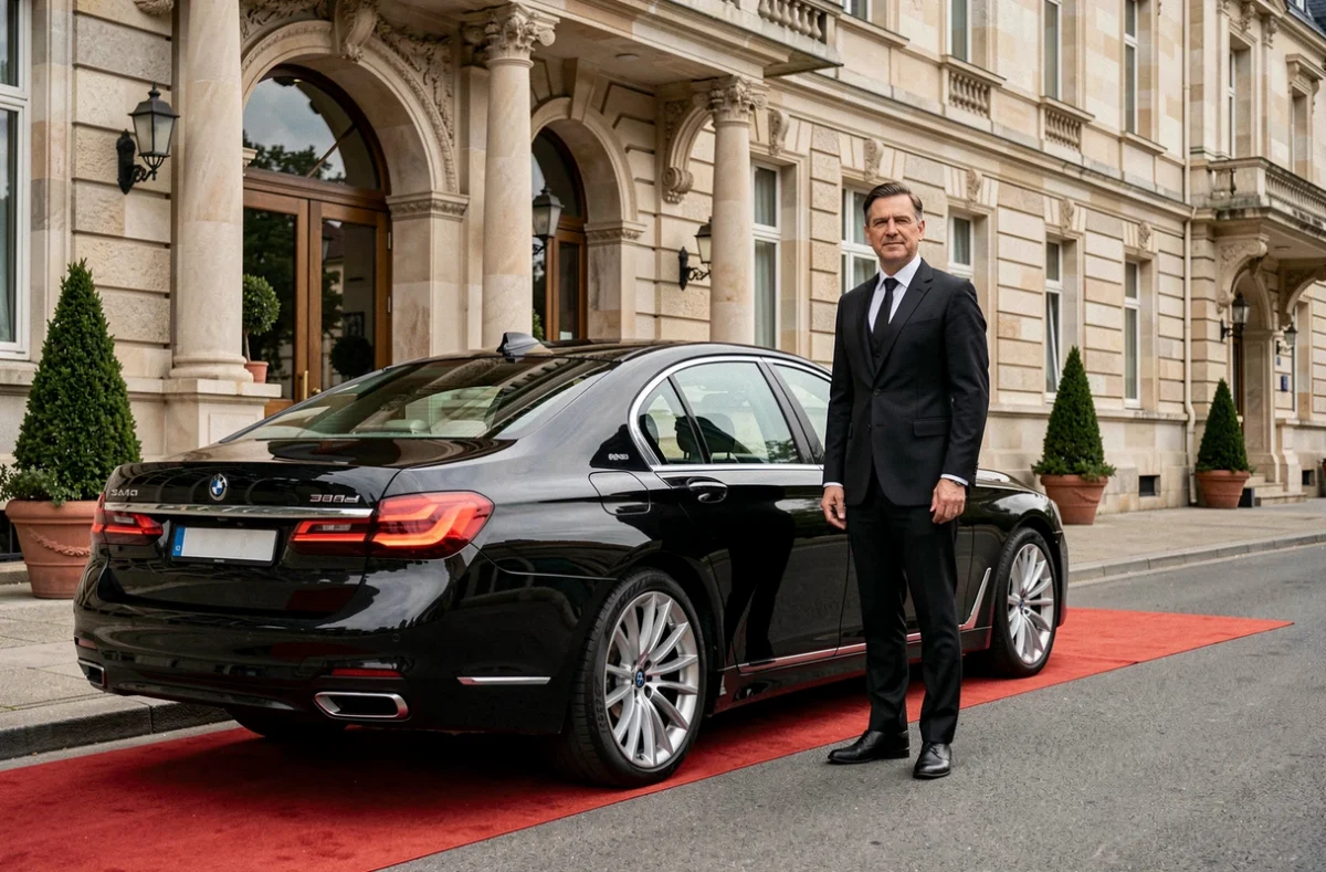 Chauffeur H.M Prestige VTC en costume noir devant une BMW 7 Series à l'entrée d'un hôtel de luxe à Colmar