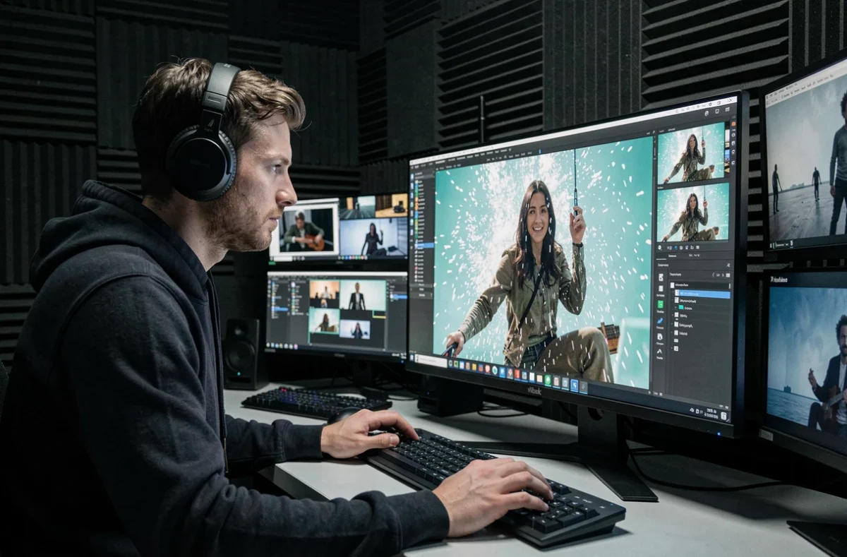 Artiste VFX de Hocus Pocus Studio composant des effets visuels pour un clip musical à Lyon