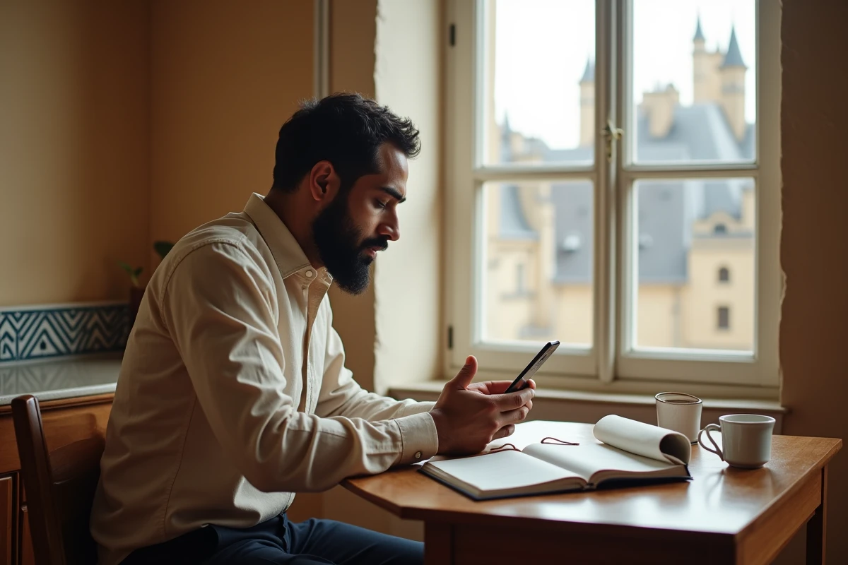 Homme consultant les horaires de prière sur son téléphone avec un agenda ouvert sur un bureau en bois à Reims
