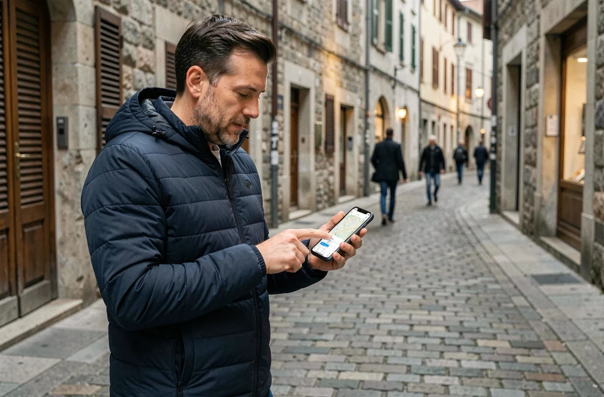 Homme consultant une application GPS sur smartphone dans une rue pavée