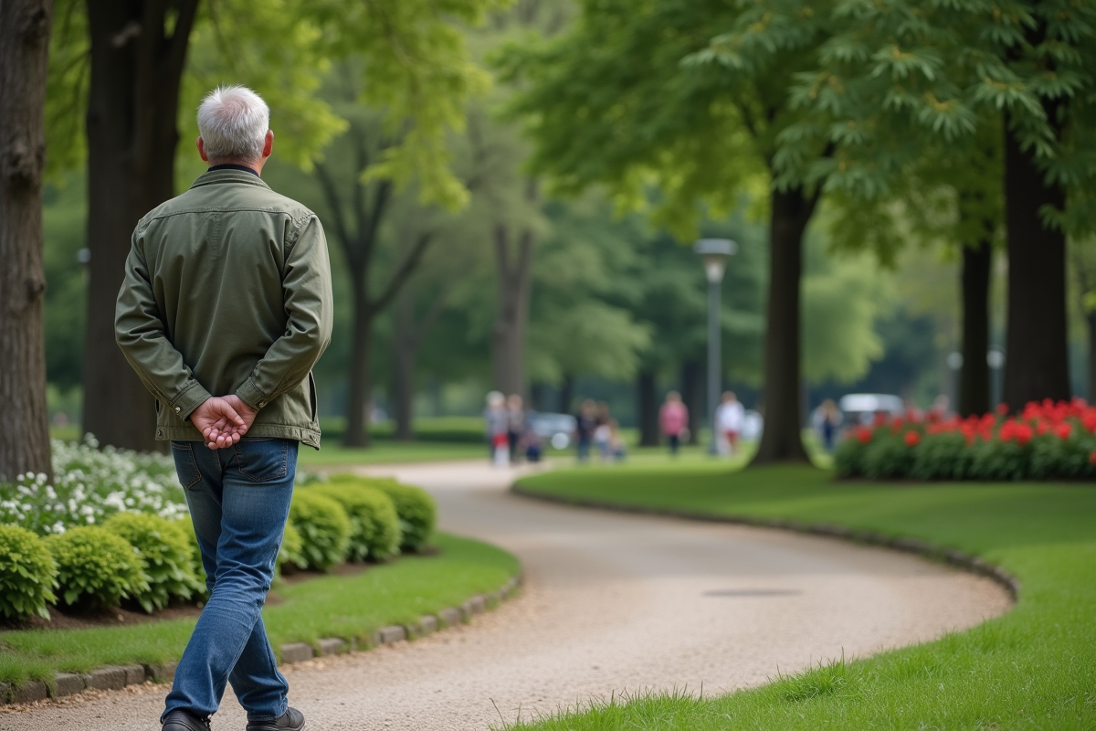Homme marche dans un parc urbain verdoyant