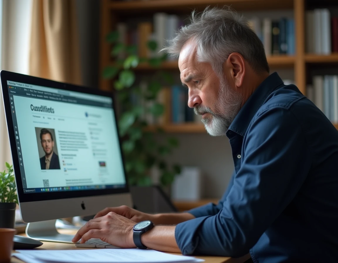 Homme tentant de trouver la procédure d'annulation d'une commande sur un site de petites annonces en ligne