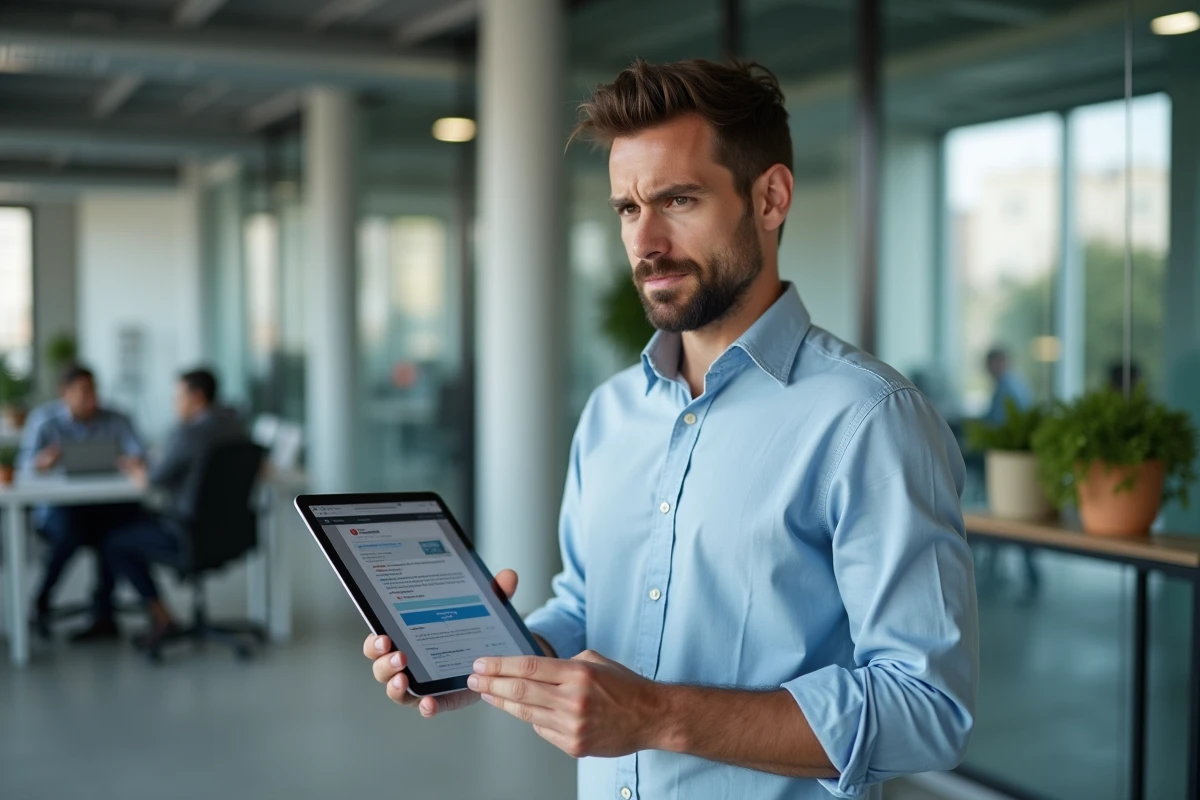 Homme en bureau moderne consultant une tablette sur la signification d'un terme viral sur internet en 2026