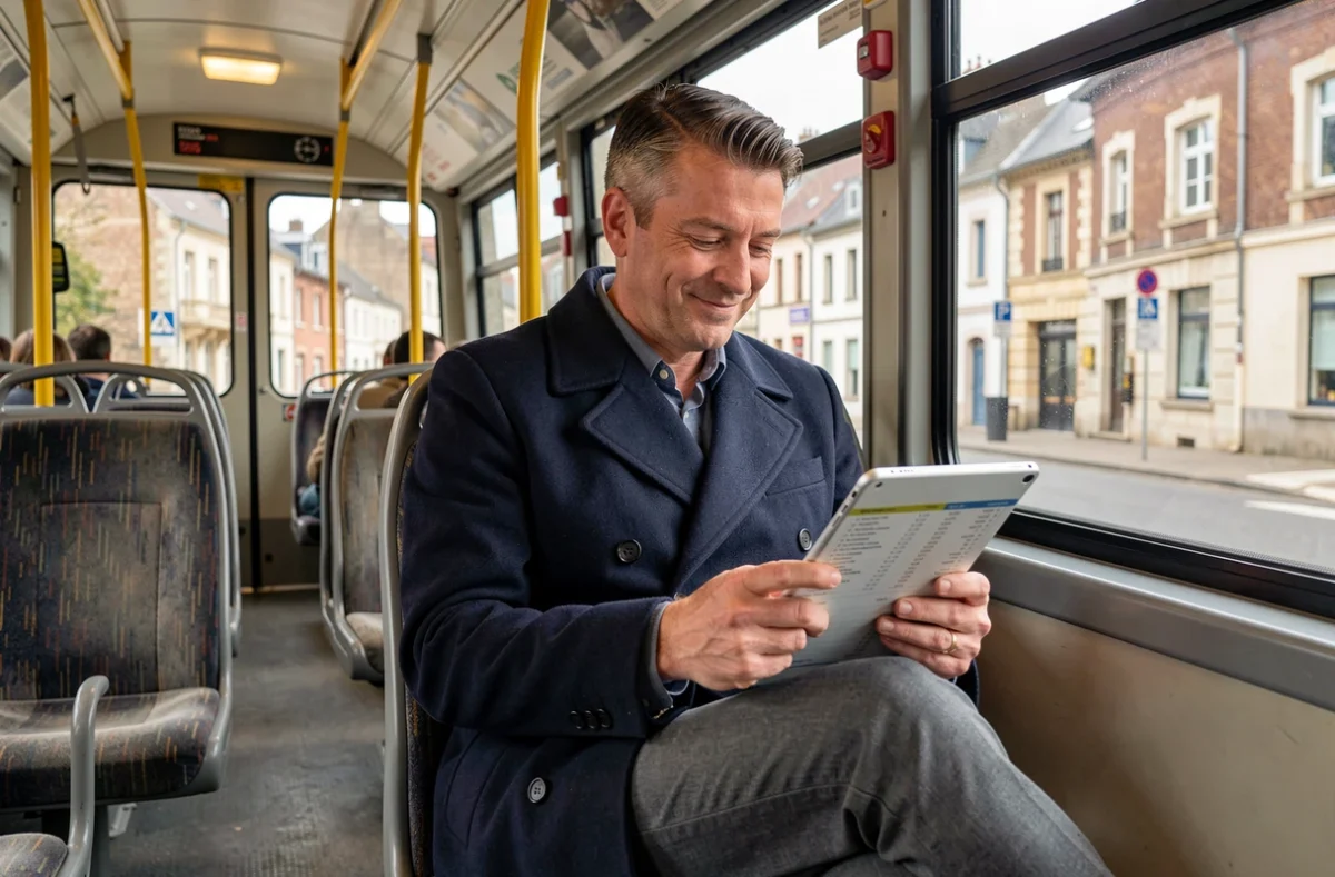 Homme consultant le planning de bus Sarreguemines dans les transports en commun pour aller au travail
