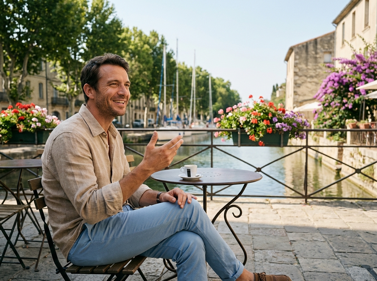 Jeune homme au café avec vue sur le Canal du Midi à Béziers