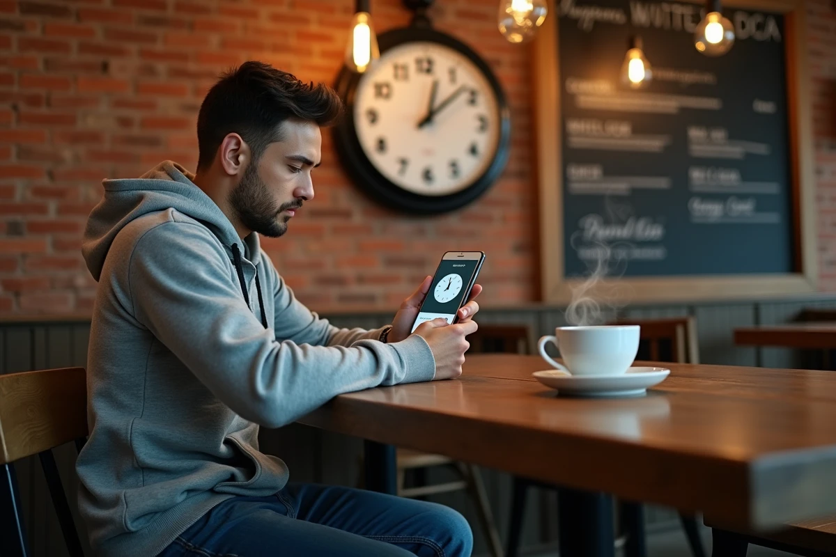 Homme consultant son téléphone dans un café de Brooklyn pour vérifier l'heure Eastern Time de New York