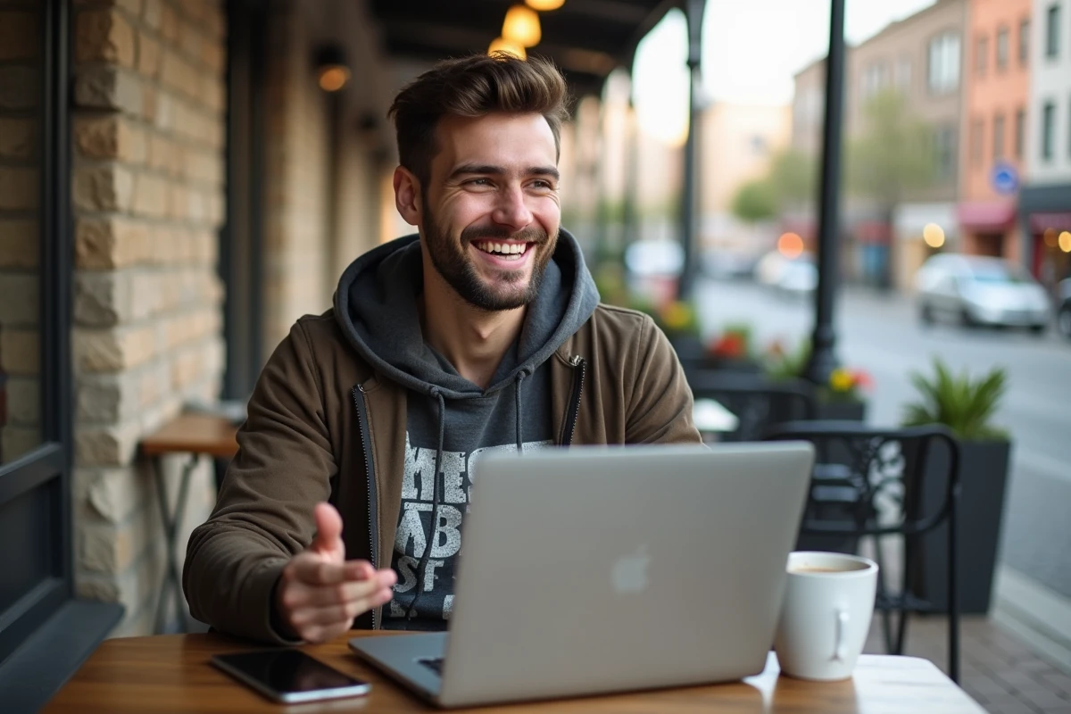 Jeune homme discutant dans un café avec ordinateur portable