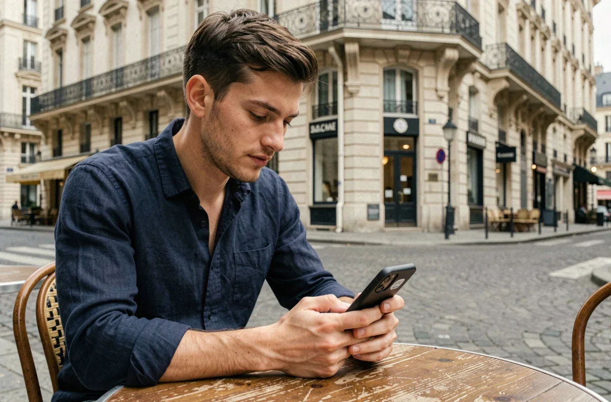 Homme consultant une application de fuseaux horaires GMT et UTC sur son téléphone en terrasse de café à Paris