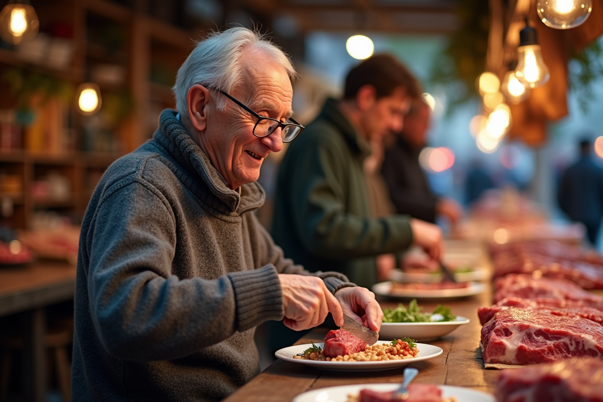 Homme âgé découpant un steak dans un marché animé
