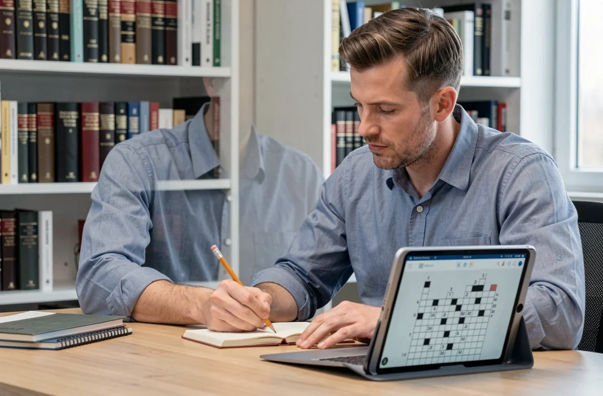 Homme résolvant des mots croisés Codycross avec une tablette et un carnet dans un bureau à domicile