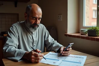 Homme consultant des horaires de prière sur une table avec un smartphone et un tableau imprimé à Toulouse