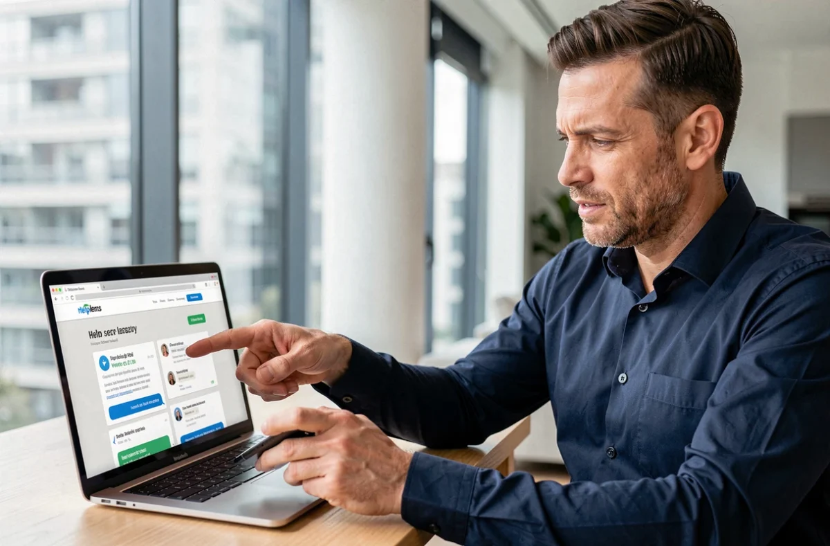 Homme utilisant un ordinateur portable et un smartphone pour contacter le centre d'aide d'une plateforme d'annonces en ligne