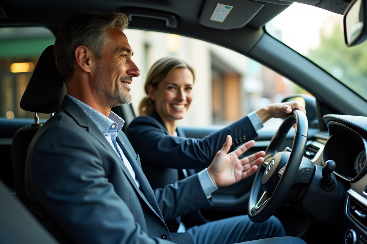 Homme en costume dans la voiture accueillant une femme
