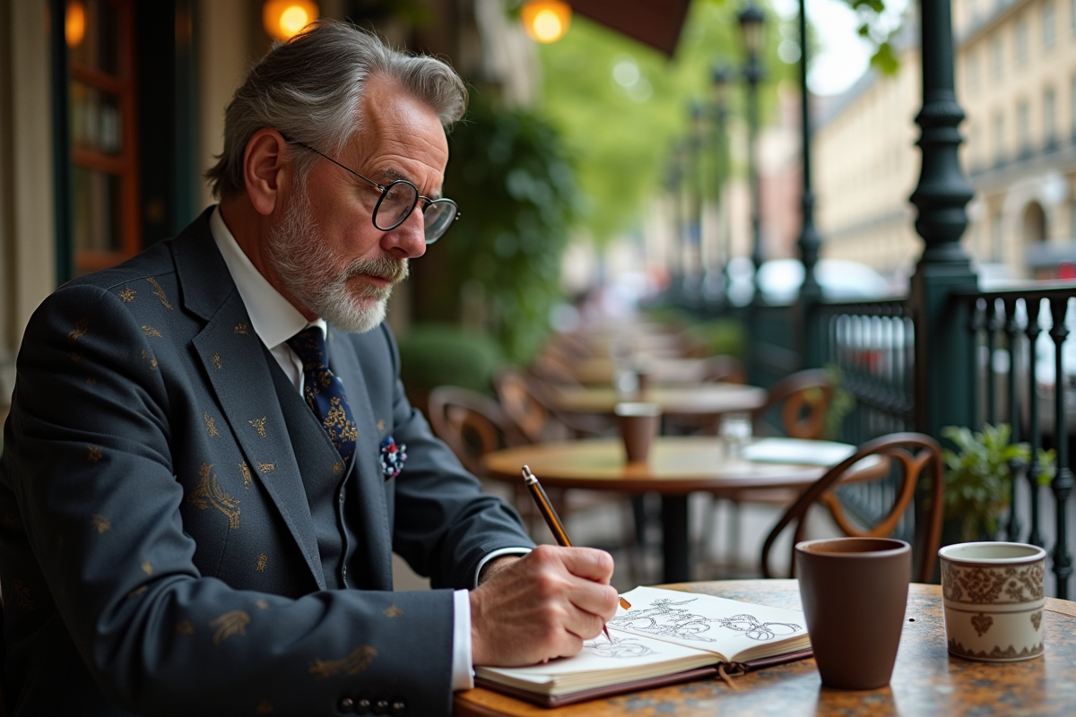 Homme en costume dessinant dans un café parisien