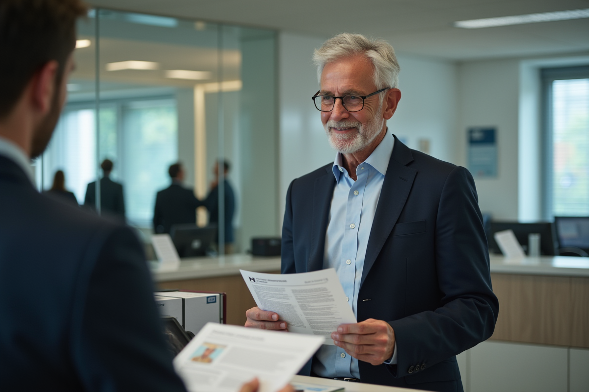 Homme professionnel au guichet officiel avec documents