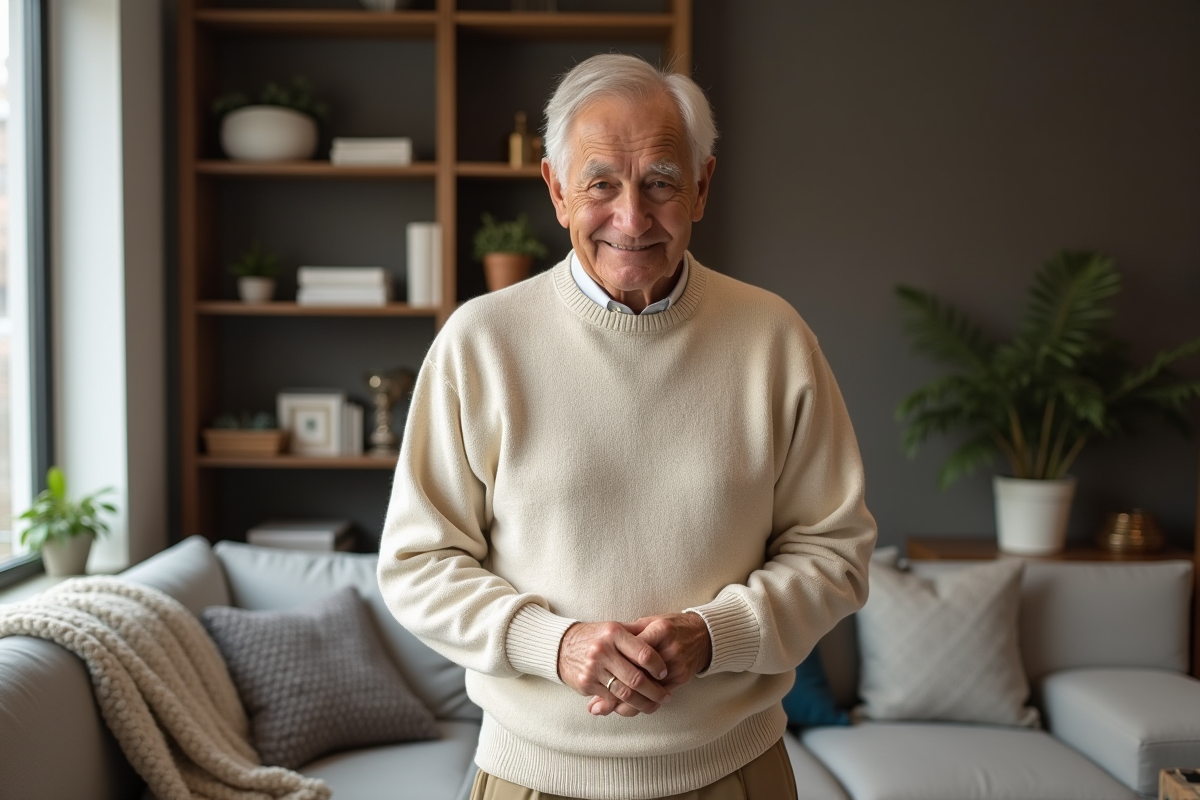 Homme âgé inspectant son pull crème dans le salon