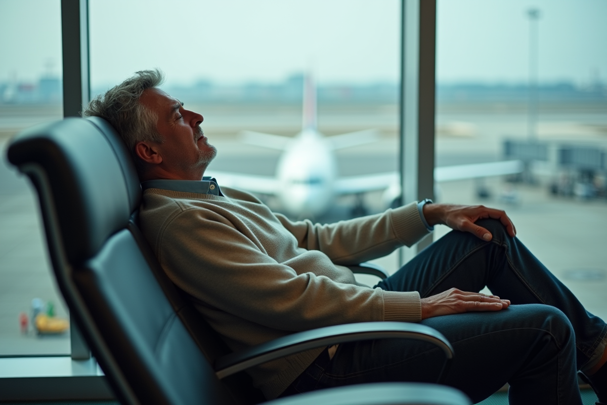 Homme fatigué dans un aéroport après un long vol
