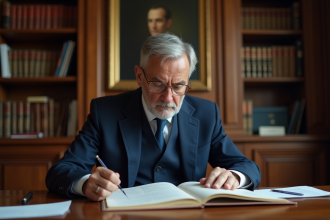 Homme français en costume lisant un document officiel dans un bureau traditionnel
