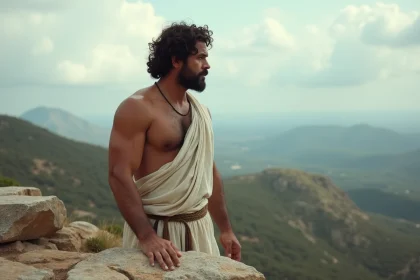 Homme grec ancien sur un rocher avec mont Olympe en arri&egrave;re