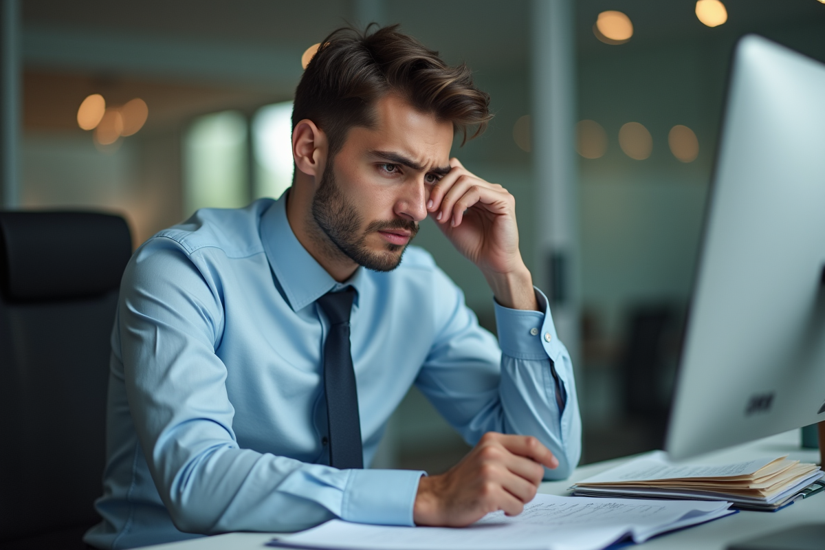 Homme hésitant au bureau avec documents et ordinateur