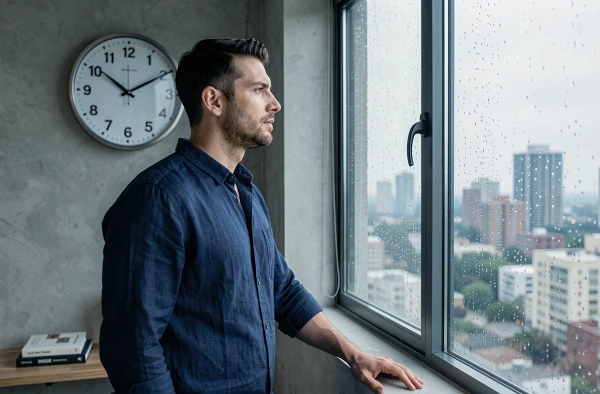 Homme pensif observant une horloge indiquant 19h19 près d'une fenêtre pluvieuse, symbole de questionnement amoureux et de signification des heures doubles