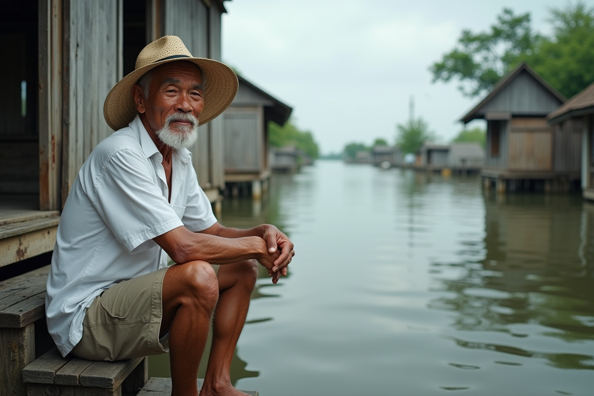 Homme âgé sur pont en eaux montantes dans un environnement fragile