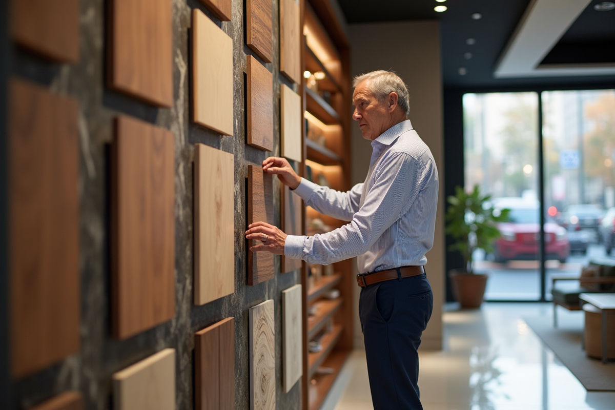 Homme examine des panneaux de bois dans un showroom élégant